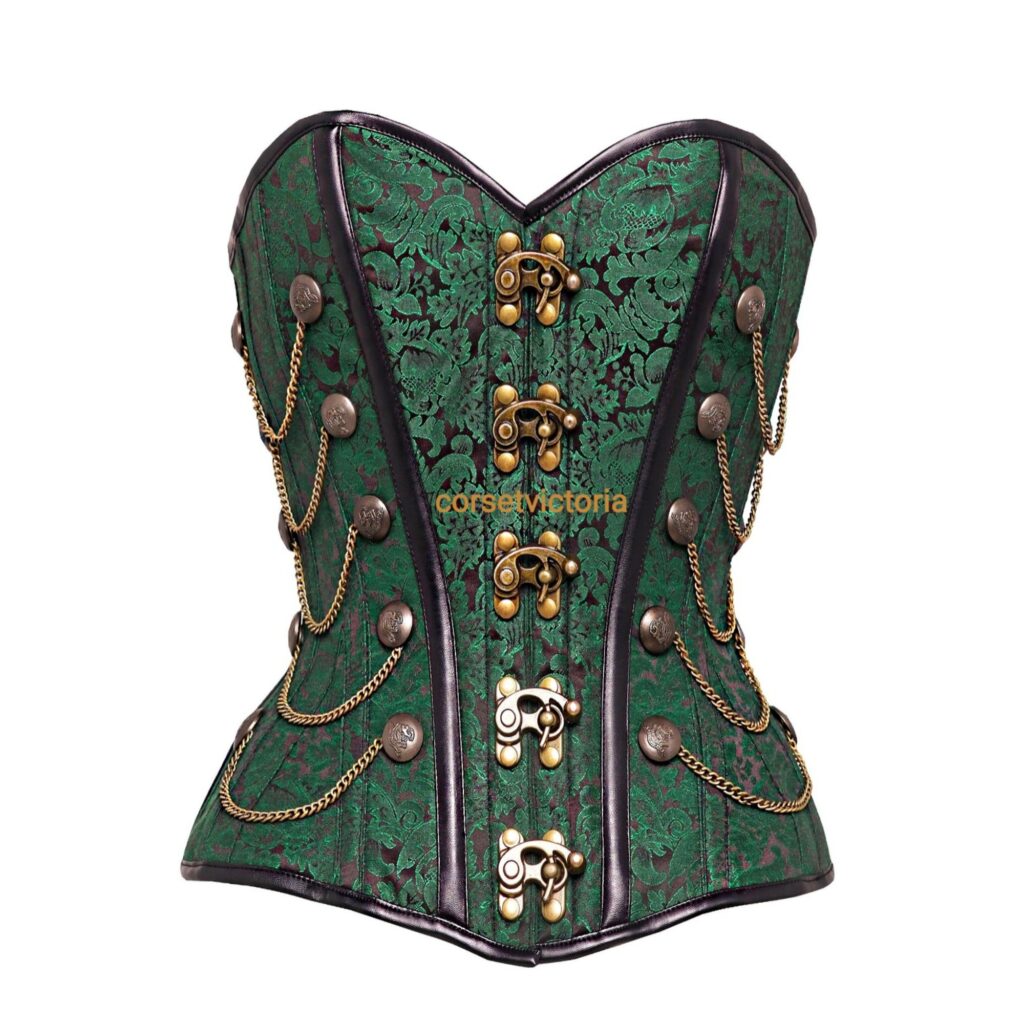 Elegant Green Brocade Gothic Steampunk Halloween Corset with Chain Detailing