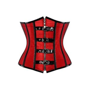 Red Satin With Black Straps Underbust Zipper Corset Gothic Costume Bustier Top