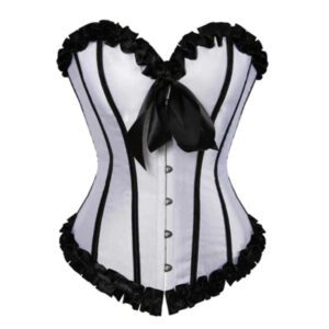 White Satin Black Stripe Overbust Plus Size Corset Burlesque Costume Waist Training
