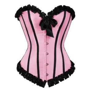 Pink Satin Black Stripe Overbust Plus Size Corset Burlesque Costume Waist Training