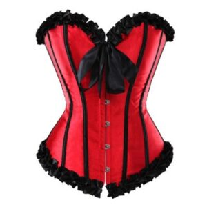 Red Satin Black Stripe Overbust Plus Size Corset Burlesque Costume Waist Training