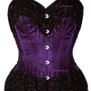 Corsetvictoria Purple Satin Black Handmade Sequins Overbust Corset Gothic Halloween Costume Bustier Top