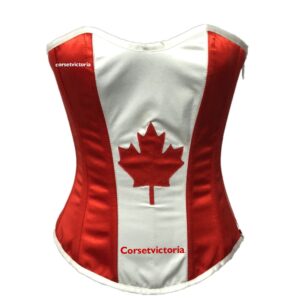 Corsetvictoria Maple leaf Red And White Satin Overbust Corset Costume Canada Flag Bustier Top