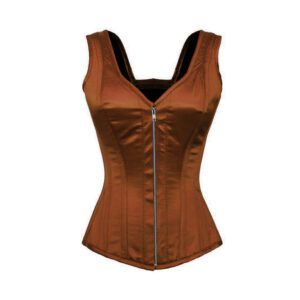 Brown Satin Overbust Corset With Shoulder Straps Gothic Costume Top