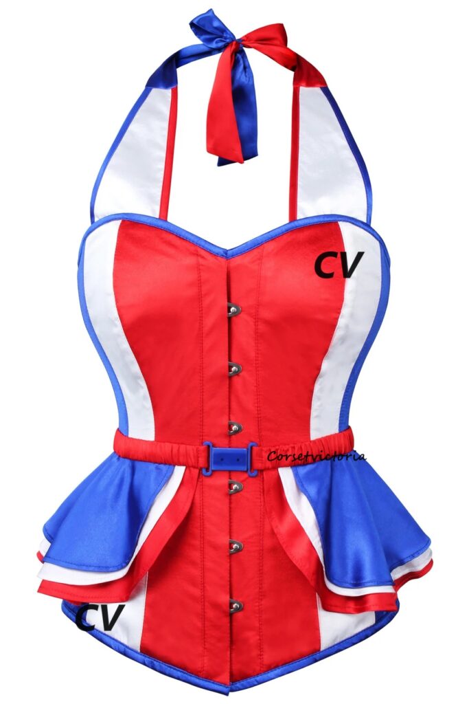 Red & Blue Peplum Satin Corset With Strap France Flag Plus Size Bustier Top