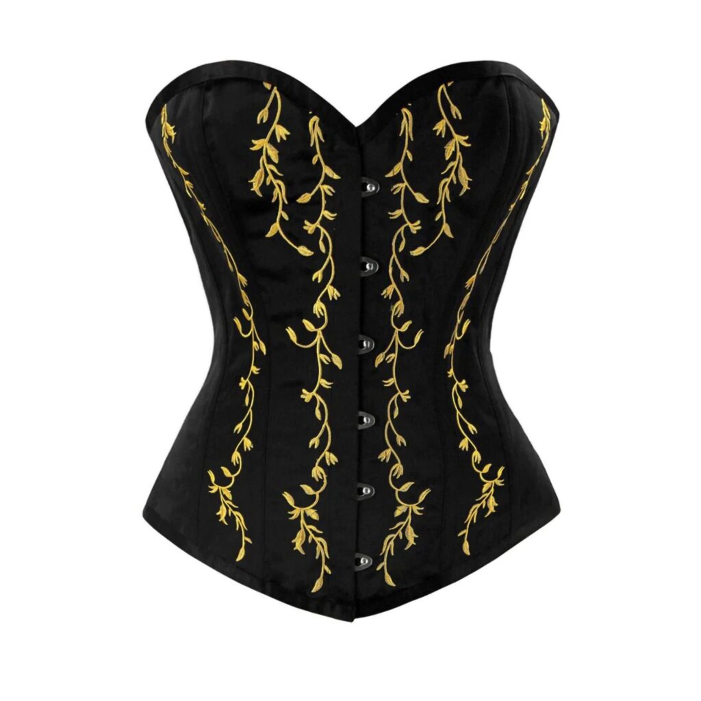 Black Satin With Embroidery Work Handmade Overbust Corset