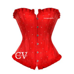 Red Satin With Diamante Stone Overbust Steel Boned Corset Burlesque Costume Bustier Top