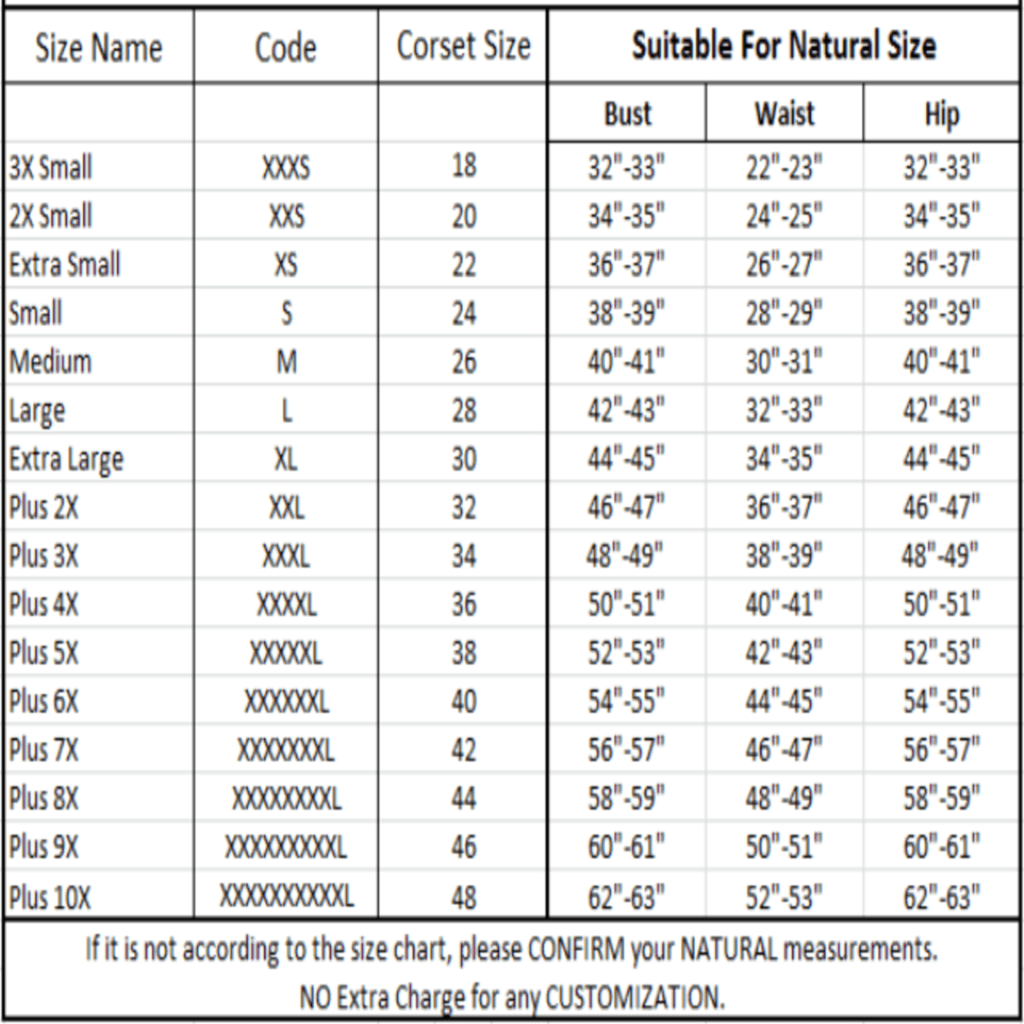 Corsetvictoria Corsets Size Chart