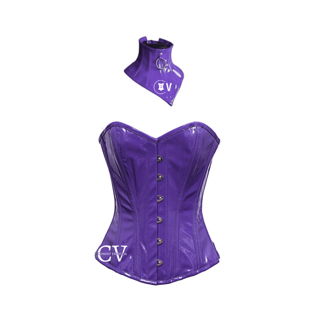 Purple PVC Leather Overbust Top With Neck Corset Combo Offer Halloween Costume Waist Training Top