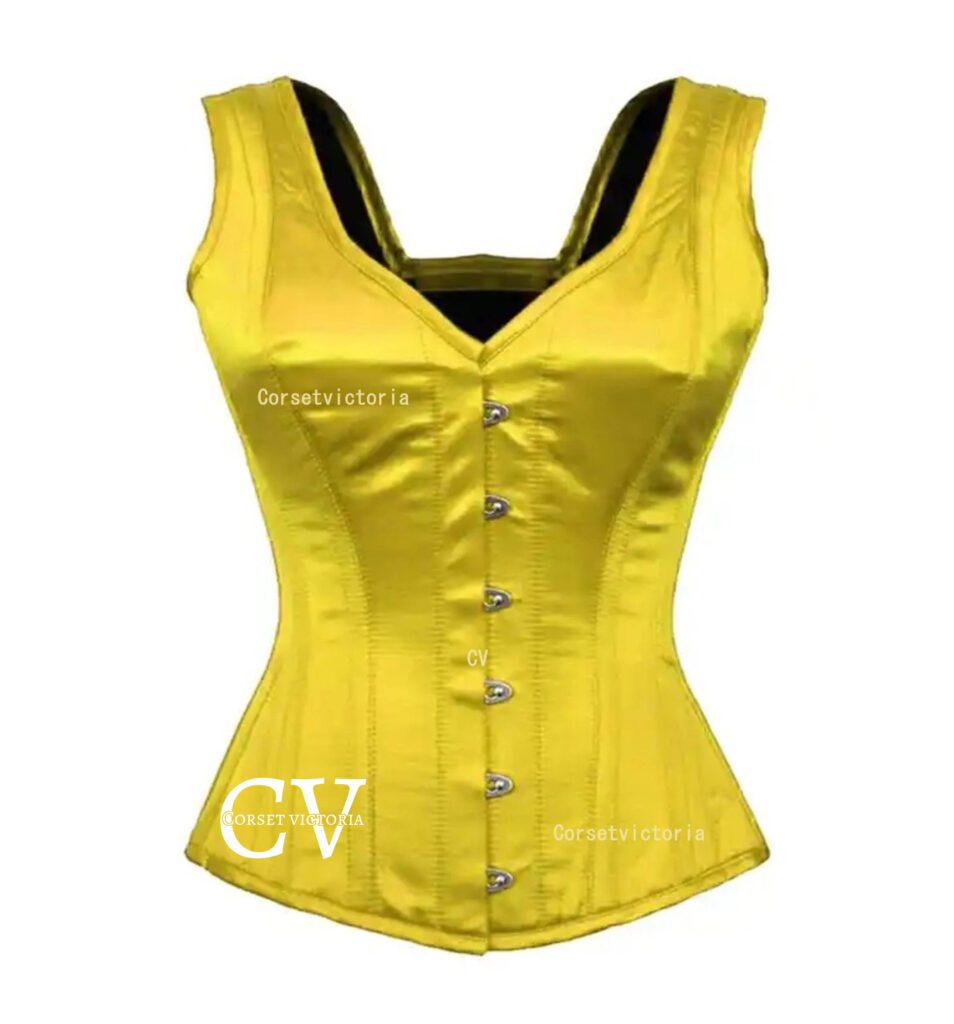 yellow steampunk overbust corset with black layered lace skirt and red trim, gothic burlesque style”