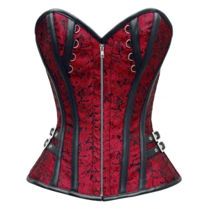 Red Black Brocade Gothic Overbust Zipper Corset Handmade Vintage Steampunk Halloween Costume