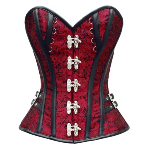 Red Black Brocade With front seal lock Overbust Corset Handmade Vintage Gothic Halloween Costume