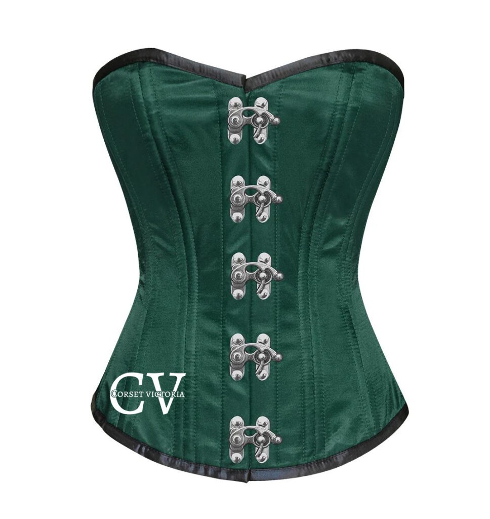Green Satin Double Bone Overbust antique clasps Corset Halloween Costume Women Bustier Top