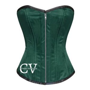 Green Satin Double Bone Overbust Zipper Corset Halloween Costume Women Bustier Top