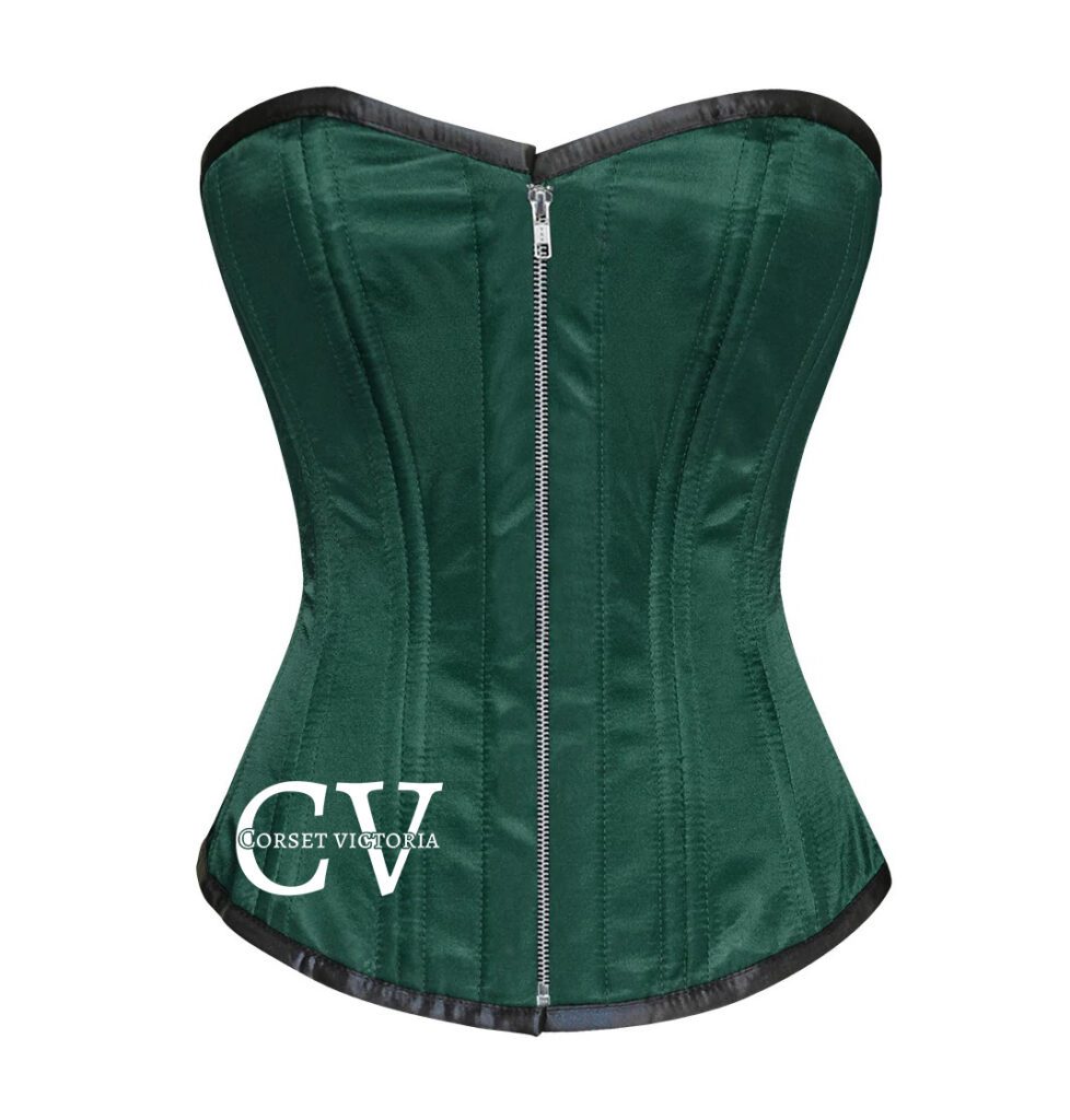 Green Satin Double Bone Overbust Zipper Corset Halloween Costume Women Bustier Top
