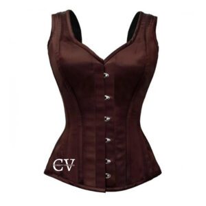 Dark Brown Satin Overbust Shoulder Straps Handmade Corset Halloween Costume Bustier Top