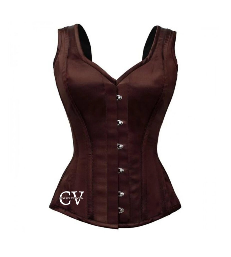 Dark Brown Satin Overbust Shoulder Straps Handmade Corset