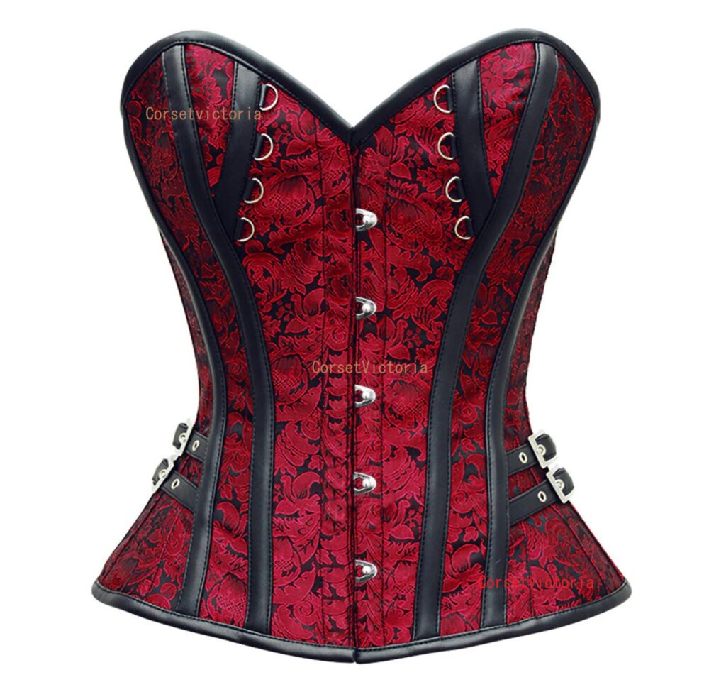 Red Black Brocade Gothic Overbust Steampunk Corset Handmade Vintage Gothic Halloween Costume