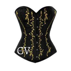 Black Overbust Corset With Embroidery Work Handmade Halloween Costume Bustier Top