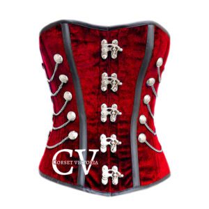 Red Velvet Overbust Corset With Chains Gothic Halloween Costume Steampunk Bustier Top