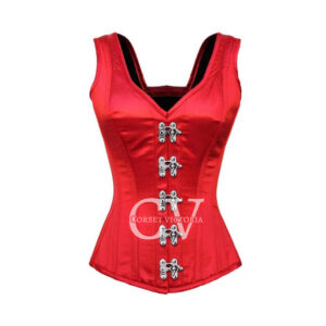 Red Shoulder Straps Corset Satin Overbust Bustier With Antique Claps Top Steel Boned