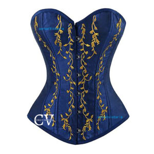 Blue Overbust Corset With Embroidery Work Handmade Halloween Costume Bustier Top