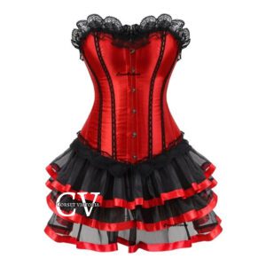 Red Overbust Satin Corset Dress With Black Skirt Combo Halloween Costume Bustier Top