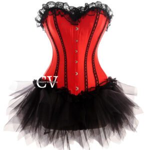 Red Overbust Satin Corset Dress With Black Mesh Skirt Halloween Costume Bustier Top