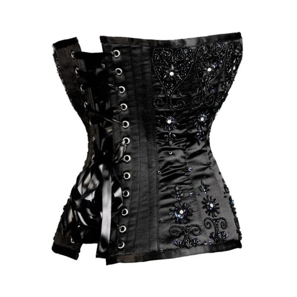 Black Satin With Black Sequins Work Overbust Corset Handmade Gothic Costume Bustier Top - Image 2