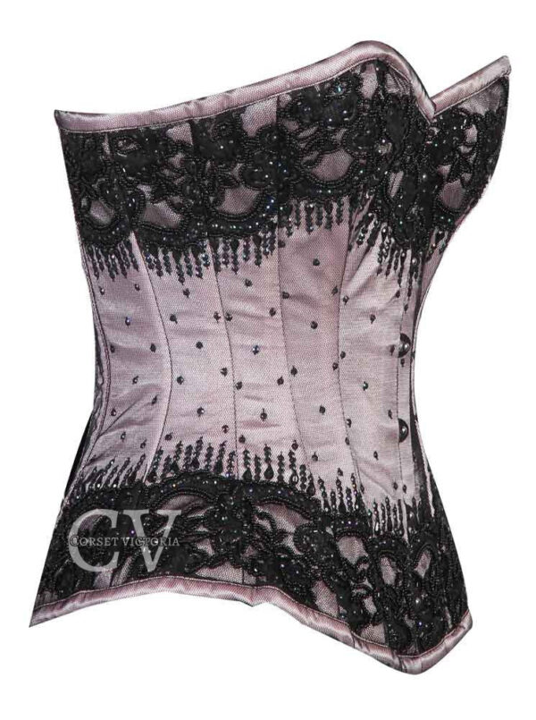 Pink Satin Black Handmade Sequins Work Overbust Corset Gothic burlesque Costume Bustier Top - Image 2