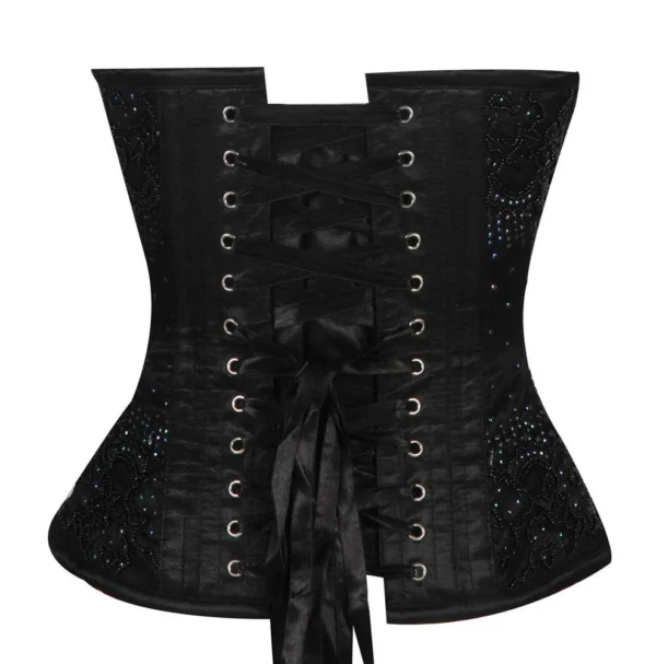 Black Satin Black Handmade Sequins Work Overbust Corset Gothic Halloween Costume Bustier Top - Image 3