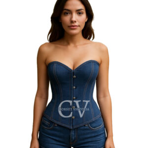 "Strapless denim overbust corset top for women by Corset Victoria"