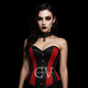 Red & Black Satin Overbust Corset – Gothic Lace-Up Waist Trainer | CorsetVictoria