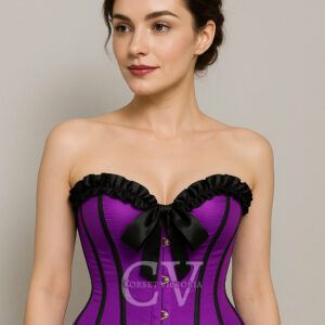Purple Satin Overbust Corset with Black Ruffle Trim & Bow – Burlesque Gothic Waist Trainer