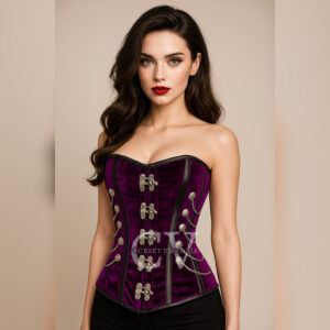 Woman wearing Purple velvet steampunk Halloween costume overbust corset with silver chains and Halloween styling