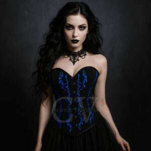 Gothic Black Satin Overbust Corset with Blue Embroidery Top