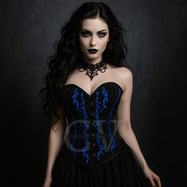 Gothic Black Satin Overbust Corset with Blue Embroidery Top