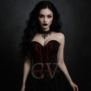 Gothic Black Satin Overbust Corset with Red Embroidery Top