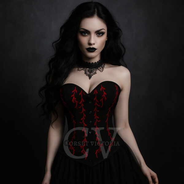 Gothic Black Satin Overbust Corset with Red Embroidery Top
