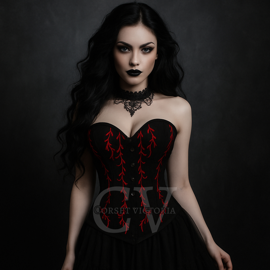 Gothic Black Satin Overbust Corset with Red Embroidery Top