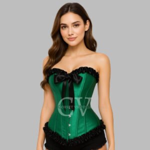 Emerald Green Satin Overbust Corset with Black Ribbon & Ruffle Trim – Burlesque Lingerie Top