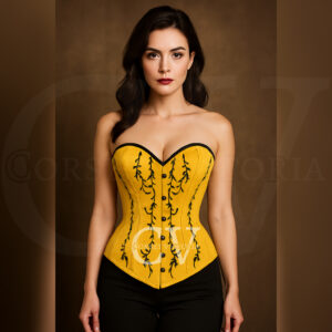 Yellow Satin Overbust Corset with Black Embroidery Halloween