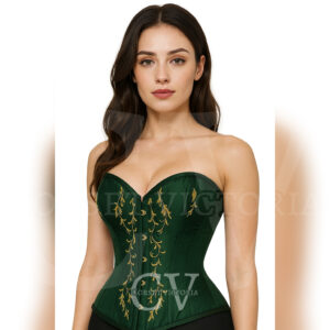 Green Overbust Corset with Gold Embroidery Halloween costume – Corset Victoria