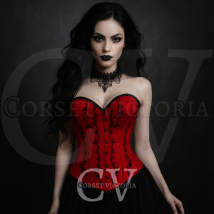 Red Satin Corset with Black Embroidery Work Gothic Costume