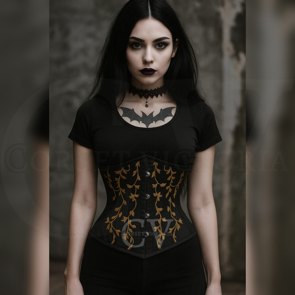 Black Underbust Gothic Halloween Corset with Embroidery Work