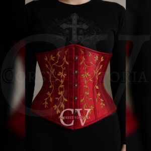 Red Satin Underbust Corset with Golden Embroidery – Gothic Waist Training Corset Halloween Costume