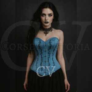 Gothic Blue Overbust Halloween Corset with Black Embroidery