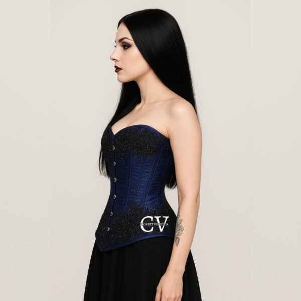 Royal blue satin corset with black lace & bead accents sequin Work is the perfect mix of Victorian romance and Gothic allure.