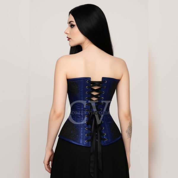 Royal blue satin corset with black lace & bead accents sequin Work is the perfect mix of Victorian romance and Gothic allure.