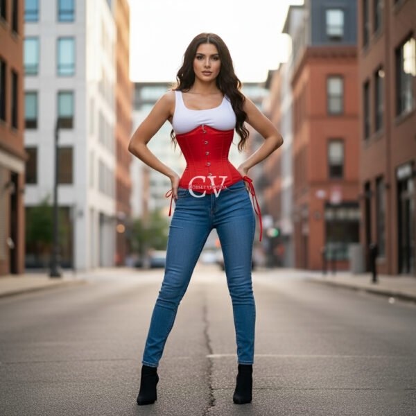 A luxurious red satin underbust corset with steel boning, front busk closure, and lace-up back, designed for waist training and elegant gothic fashion. Halloween Costume